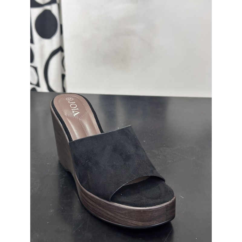 Zuecos de plataforma con tacón de madera, estilo moderno y chic.