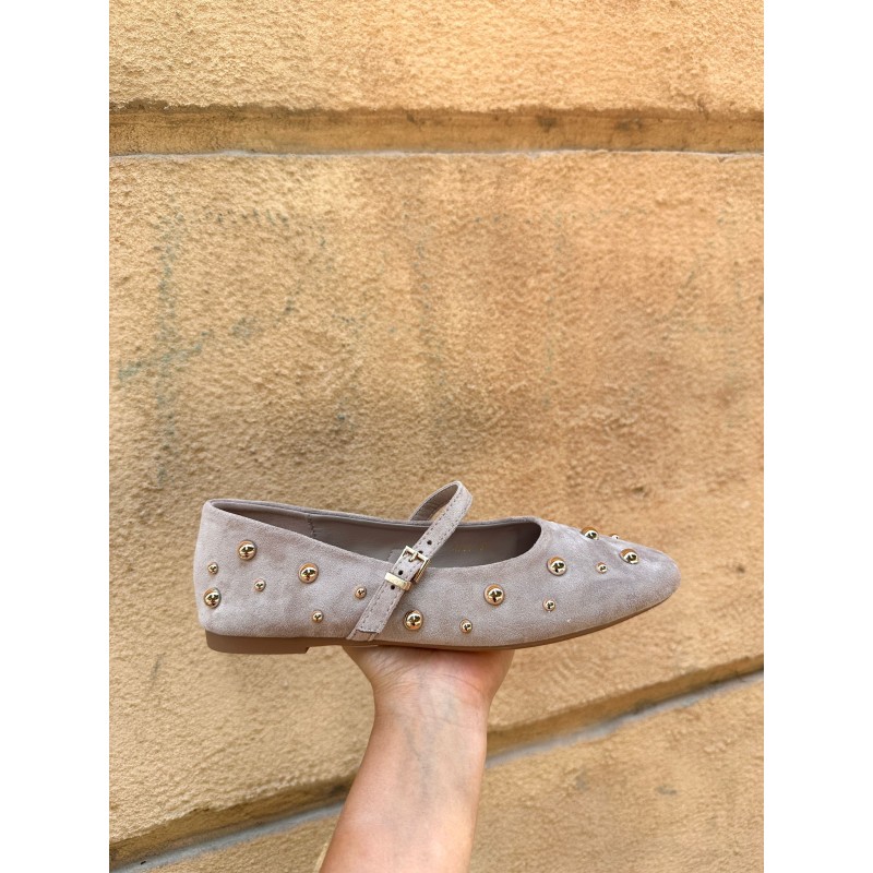 Zapatos planos Mary Jane con remaches metálicos, cierre hebilla, ante sintético, confortables para el día a día.