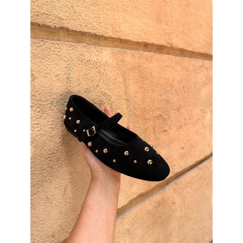 Zapatos planos Mary Jane con remaches metálicos, cierre hebilla, ante sintético, confortables para el día a día.