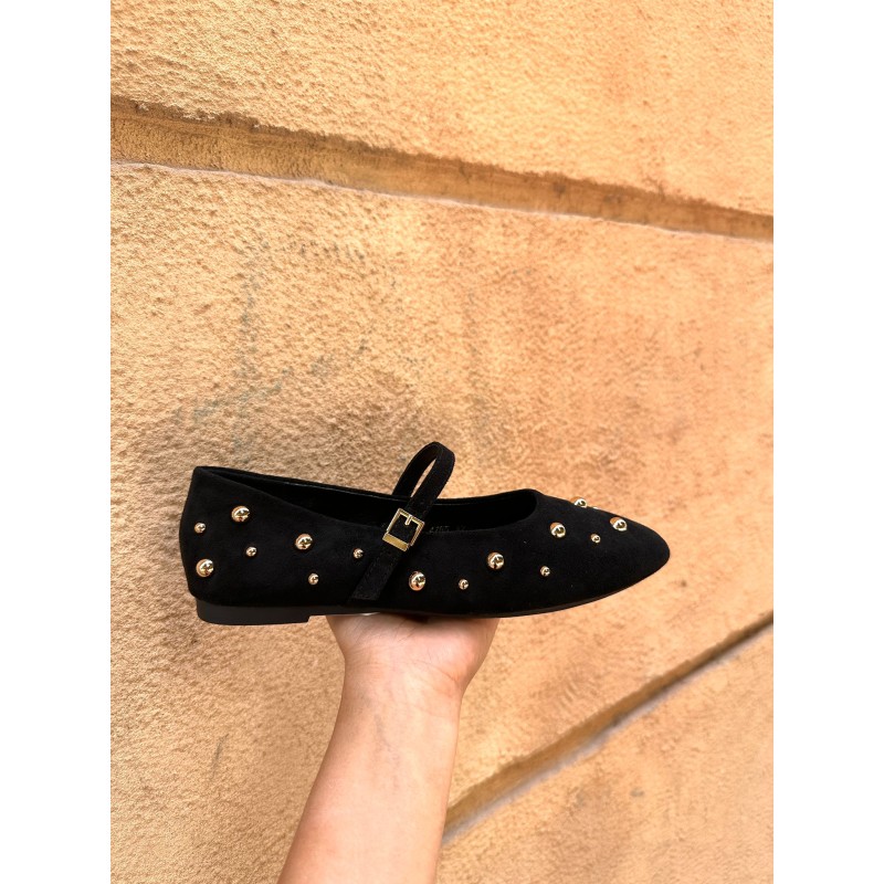 Zapatos planos Mary Jane con remaches metálicos, cierre hebilla, ante sintético, confortables para el día a día.